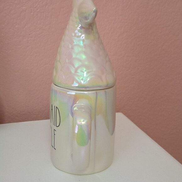Rae Dunn Mermaid Sparkle iridescent ceramic mug with a mermaid tail lid - Picture 3 of 5